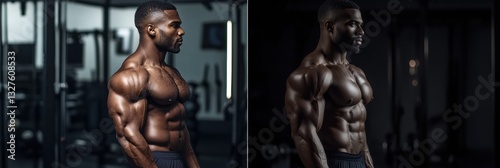 Fit transformation showcasing muscle gain and confidence in a gym setting in Saint Petersburg under cinematic lighting Generative AI