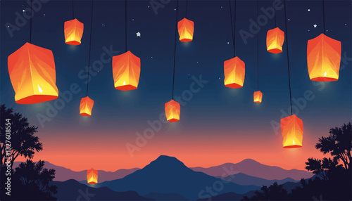 Floating lanterns in twilight sky over mountains