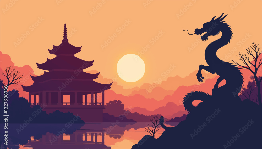 Fototapeta premium Silhouette of dragon against sunset with pagoda reflection