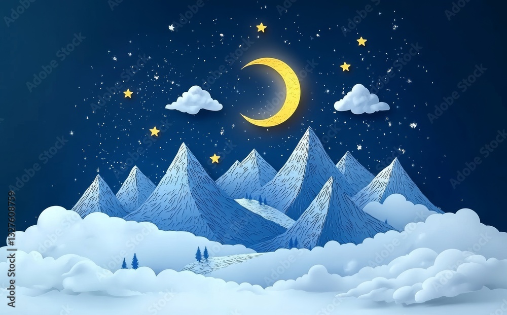 Fototapeta premium A mesmerizing blue monochrome scene with stylized mountains and fluffy clouds, evoking a peaceful and dreamlike ambiance beneath a starry sky