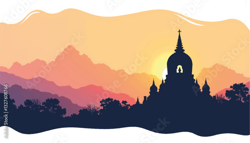 Silhouette of a stupa against a sunset mountain backdrop