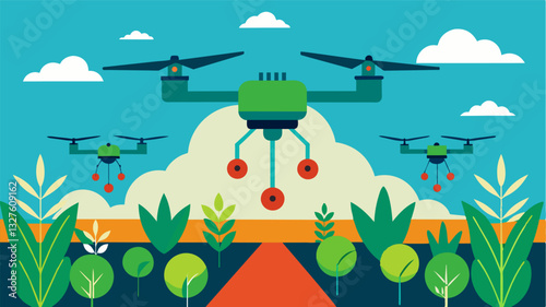 The use of drones spraying crops reduces the risk of human exposure to harmful chemicals and promotes sustainable farming practices.. Vector illustration