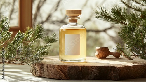 bottle with oil and pine needles around, use in spa, cosmetology, aromatherapy and medicine, pine essential oil in white background