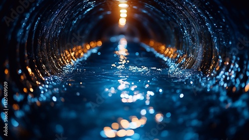 Sewer pipe with water flow, symbolizing drainage and sanitation