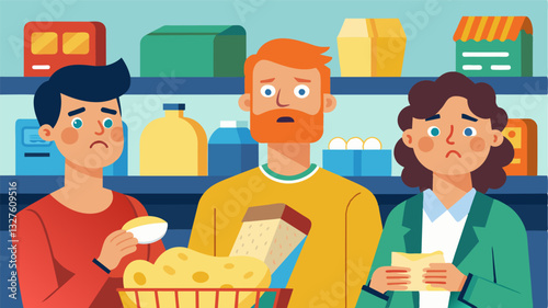 The rising cost of butter eggs and cheese left shoppers with no choice but to sacrifice essential ingredients or dig deep into their wallets.. Vector illustration