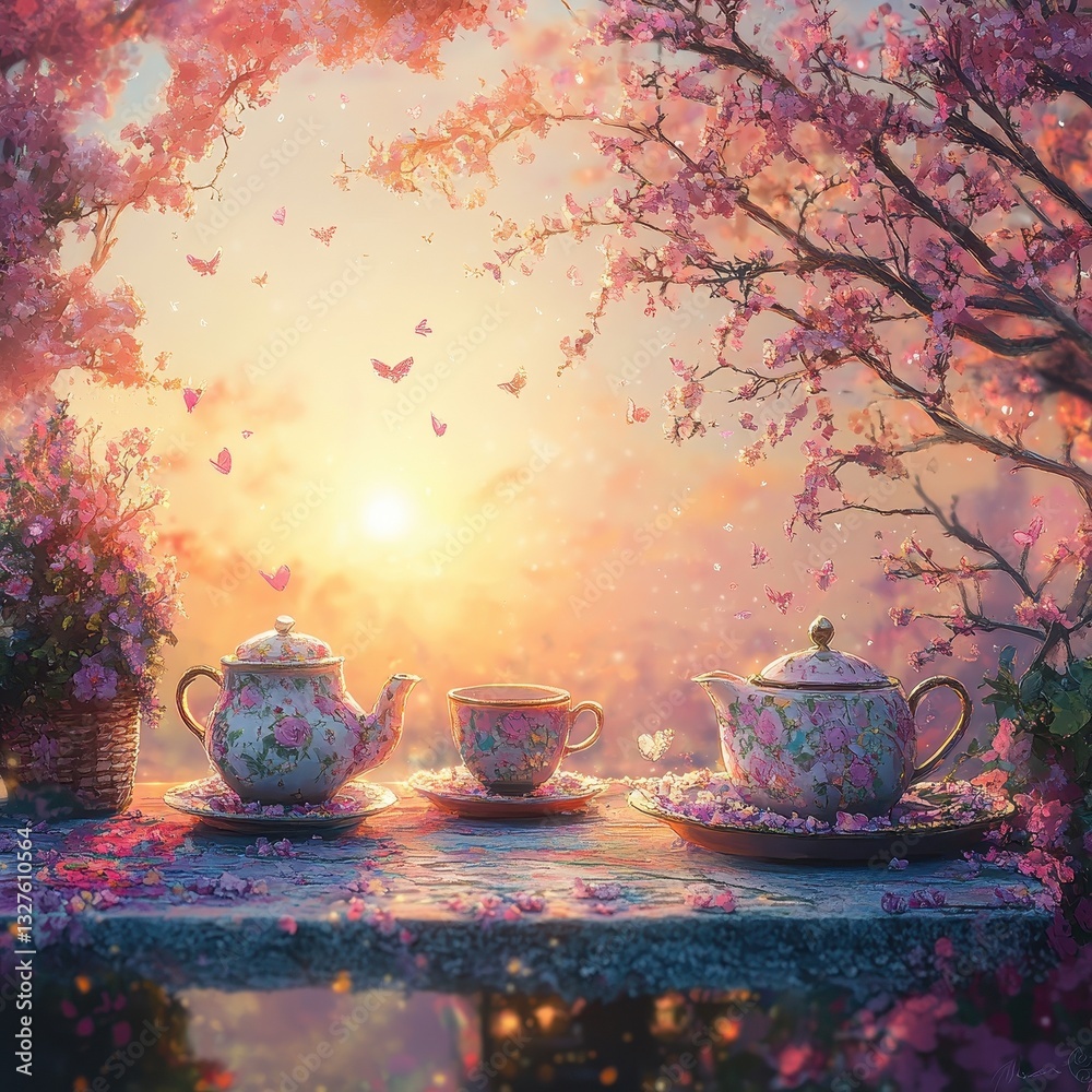 Fototapeta premium A beautiful floral teascape set under blossoming branches with butterflies