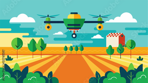The future of farming is here as drones take on the task of spraying crops making it quicker safer and more environmentally friendly.. Vector illustration