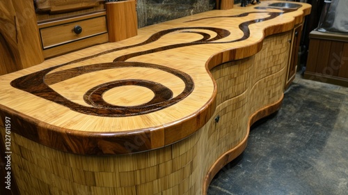 Elegant wooden vanity featuring intricate inlaid design and unique cabinetry