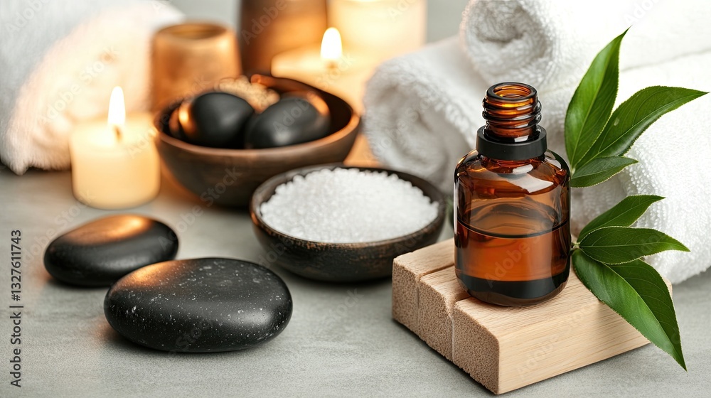 Create a serene atmosphere for relaxation with spa stones, a soft towel, and soothing candles on a wooden board Create a serene atmosphere for relaxation with spa stones, a soft towel, and soothing candles on a wooden board