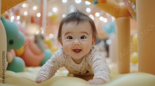Baby crawling in soft play area fun