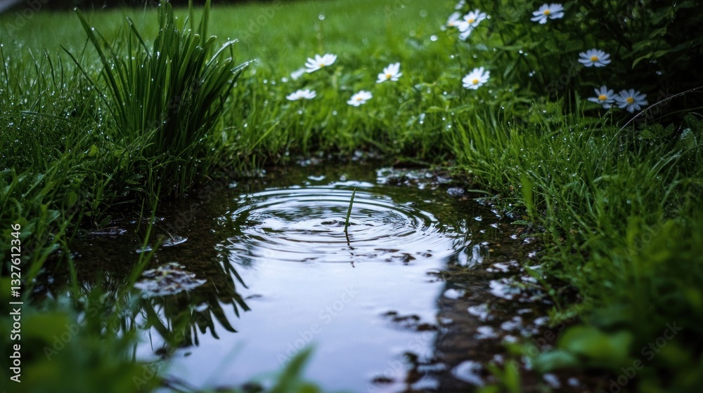 Raindrops Ripple in Puddle Near Daisies and Grass Raindrops Ripple in Puddle Near Daisies and Grass