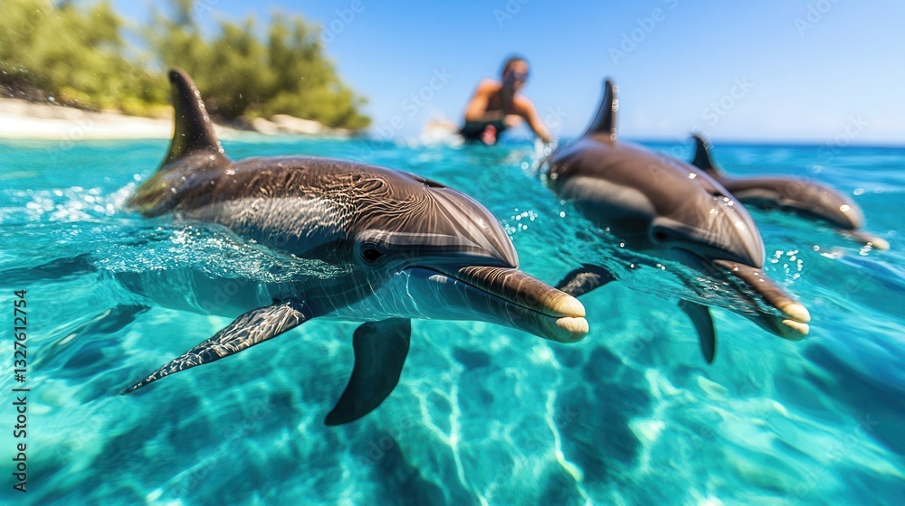 Obraz premium Dolphins swimming joyfully with snorkeler in clear tropical waters during a sunny day.dolphin therapy, swimming with dolphins
