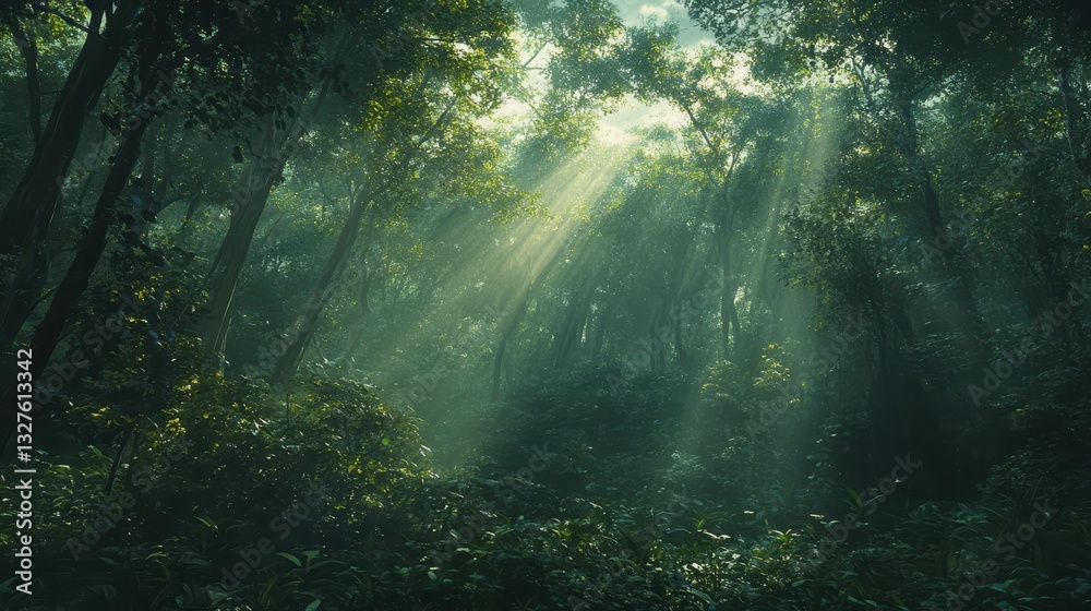 Of a Lush green forest with sunlight streaming through tall trees, casting dappled light on the forest floor Of a Lush green forest with sunlight streaming through tall trees, casting dappled light on the forest floor