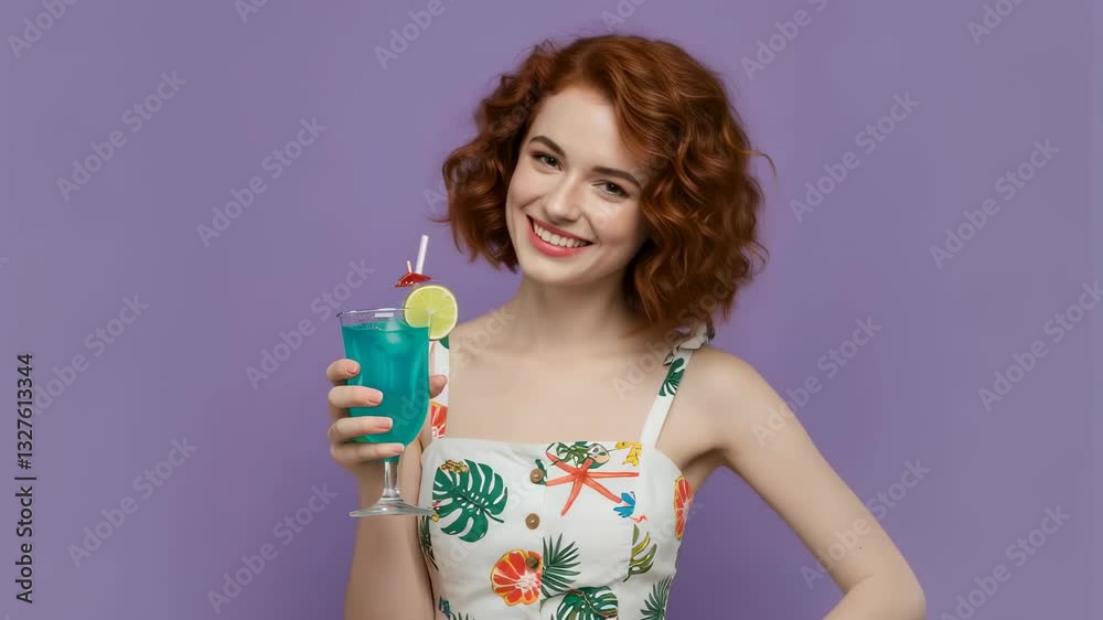 Caucasian woman with curly red hair holding blue cocktail in tropical dress against purple background. Summer drink promotion. Beach party concept for social media. Caucasian woman with curly red hair holding blue cocktail in tropical dress against purple background. Summer drink promotion. Beach party concept for social media.