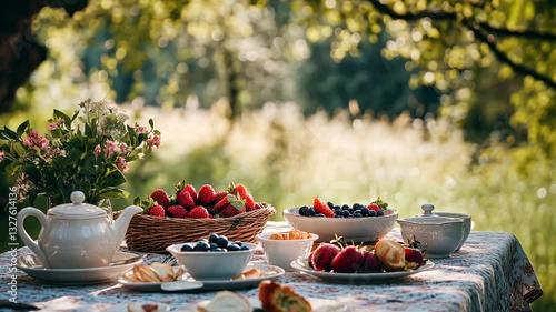 Outdoor Picnic Breakfast with Fresh Berries photo