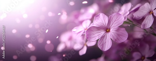 Floating lavender flowers create a dreamy atmosphere in a soft purple haze with glowing petals and gentle light beams. spring gentle background for text, women's day
