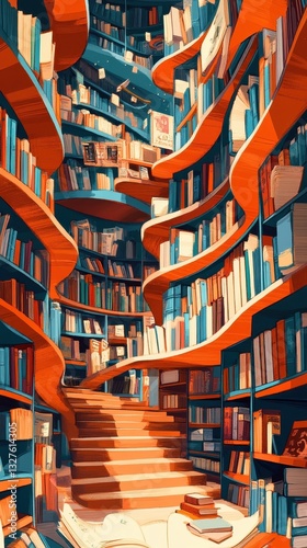 A fantastical library interior with curved shelves and stairs