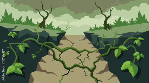 The overgrown vines seem to be reclaiming the market snaking their way through cracks and crevices as if nature is trying to erase all traces of the human activity that once took. Vector illustration