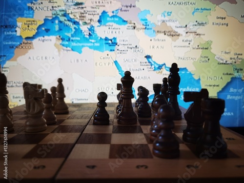 Geopolitical Strategy Concept. Chess, Strategy game with pieces on chessboard and world map in background