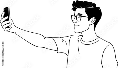 Outline illustration of a person taking a selfie minimal digital lifestyle vector design