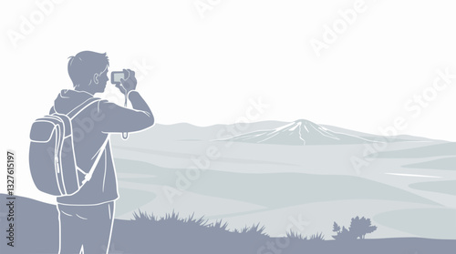Outline illustration of a traveler taking a picture minimal photography and travel vector design.