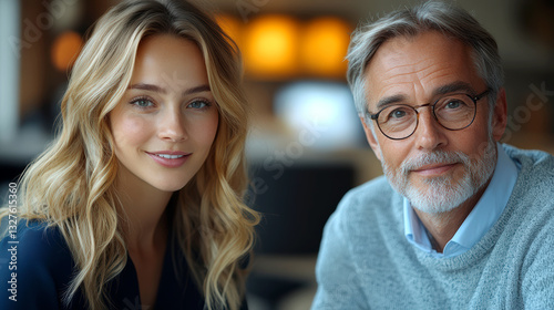 Young businesswoman and senior businessman smiling together in modern professional workspace