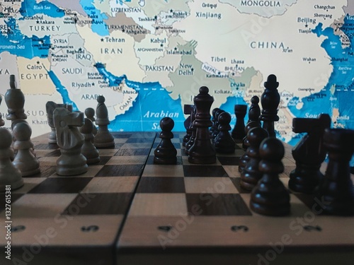 Geopolitical Strategy Concept. Chess, Strategy game with pieces on chessboard and world map in background