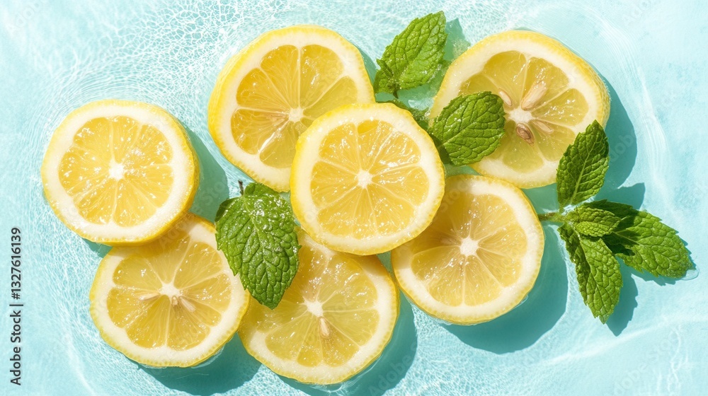 Refreshing flat-lay of sliced lemons and mint leaves by a turquoise water surface during a bright sunny day. summer banner background for text, cocktails, fresh bright, citrus Refreshing flat-lay of sliced lemons and mint leaves by a turquoise water surface during a bright sunny day. summer banner background for text, cocktails, fresh bright, citrus