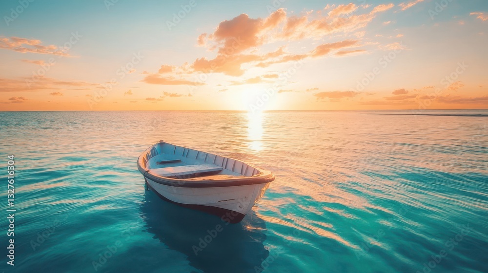 Of a Calm fishing boat floating on a turquoise sea with the sun casting golden light over the water Of a Calm fishing boat floating on a turquoise sea with the sun casting golden light over the water