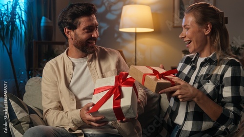 Caucasian man woman love affection couple guy girl lovers happy family boyfriend girlfriend give box birthday present gift husband wife celebrate anniversary romantic surprise Valentine day at home