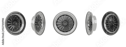 Gray Fan Views, Round Metal Grate, Appliance Angles, Transparent, png, Isolated. Fan blades behind protective grid for air circulation and cooling.