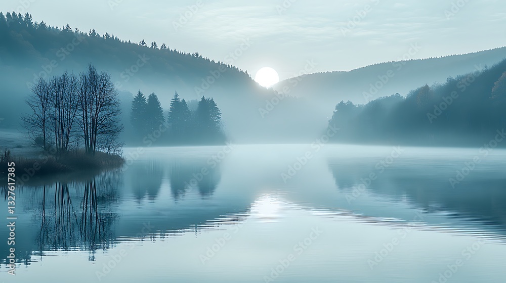 Fototapeta premium Tranquil Lake Sunrise Mist Nature Landscape