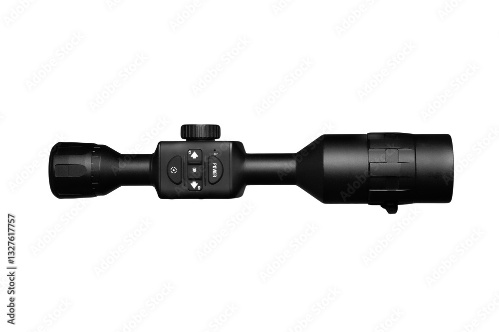 Black rifle scope with control buttons and power switch, suitable for tactical or precision shooting, isolated on a transparent back Black rifle scope with control buttons and power switch, suitable for tactical or precision shooting, isolated on a transparent back