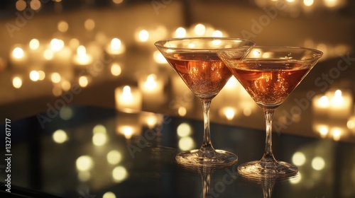 Wallpaper Mural Of a Romantic cocktail arrangement with two elegant glasses clinking together, candle-lit reflections on a glass table Torontodigital.ca