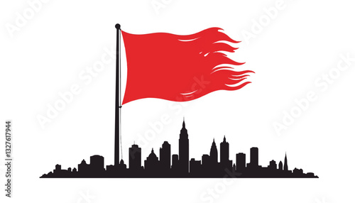 Red flag waving above city skyline