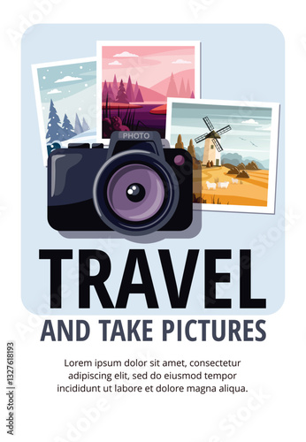 Photography travel concept. Camera and travel photos. Memories concept template illustration