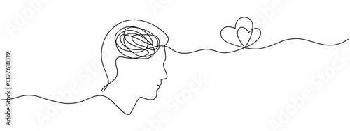 Continuous to one linear drawings of the human head and two hearts. Contour One Line Concept for a mental disorder, search for solution, love and care for a mental disorder. Vector editable