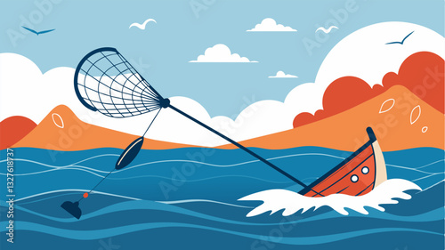 The rhythmic sound of waves hitting the shore is interrupted by the sound of empty nets being dragged across the deck of the fishing boat.. Vector illustration