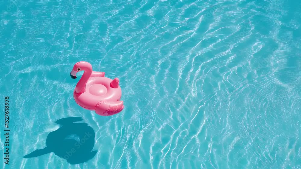Pink flamingo float on clear turquoise swimming pool water with rippling surface. Summer recreation item for beach parties and tropical vacation relaxation. Copy space.