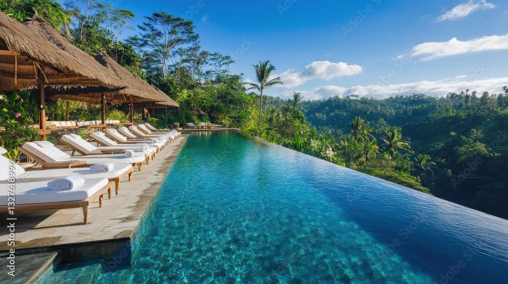 Of a Exclusive resort pool with white Bali-style sunbeds, infinity edge, and crystal-clear blue water Of a Exclusive resort pool with white Bali-style sunbeds, infinity edge, and crystal-clear blue water