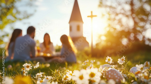 Easter picnic with family near a church under golden sunlight photo