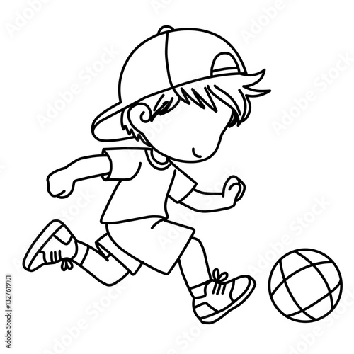 little boy with backward hat playing football