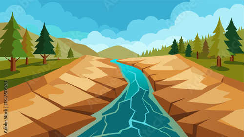 The once rushing stream that carved its way through the forest now resembles a cracked dry riverbed pleading for the return of its life source.. Vector illustration