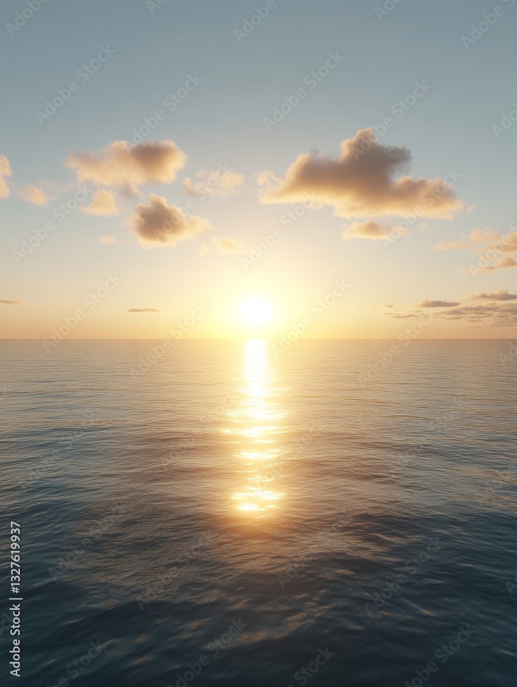 Fototapeta premium The sunset paints the sky with soft pastels, casting a serene glow over the calm ocean, where the tranquil colors are mirrored in the gentle waves