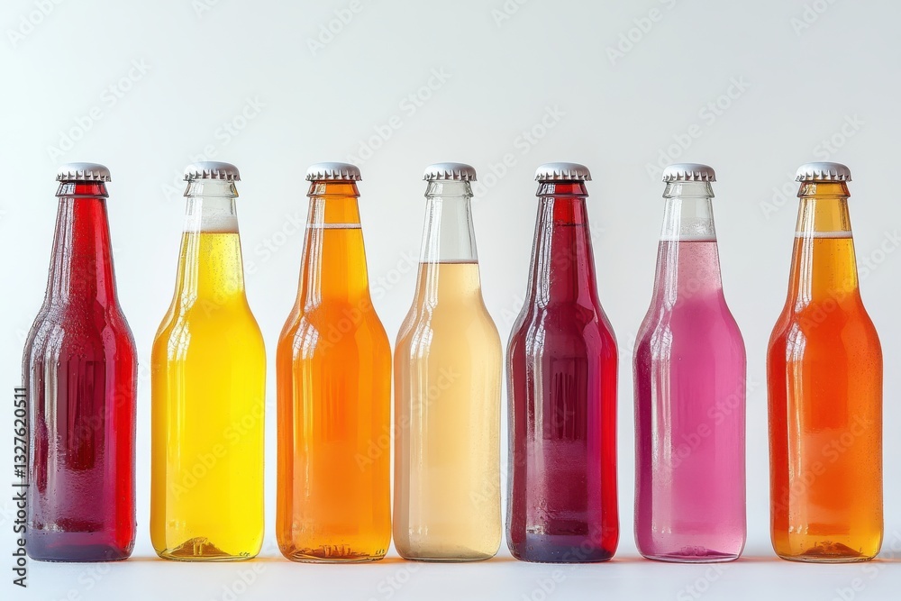 Colorful array of sparkling beverages lined up on a clean surface, showcasing refreshing flavors for a summer gathering Colorful array of sparkling beverages lined up on a clean surface, showcasing refreshing flavors for a summer gathering