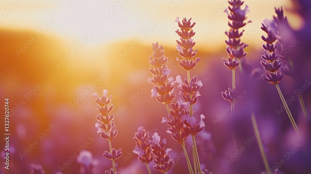 Of a Tranquil lavender field in full bloom stretching towards the horizon under a warm summer sunset Of a Tranquil lavender field in full bloom stretching towards the horizon under a warm summer sunset