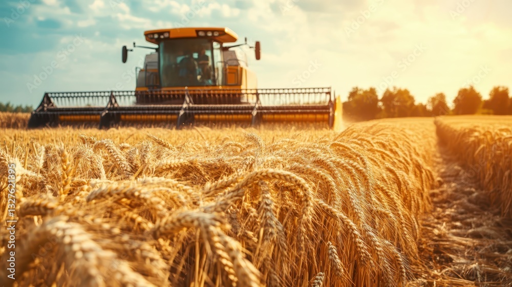 Fototapeta premium Harvesting wheat during golden hour with a combine harvester in a vast field under a bright blue sky