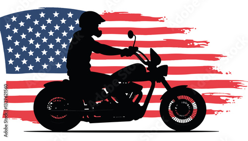Silhouette of a motorcycle rider against an American flag background