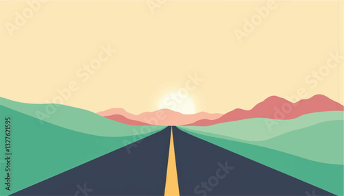 Abstract landscape with road leading towards sunset