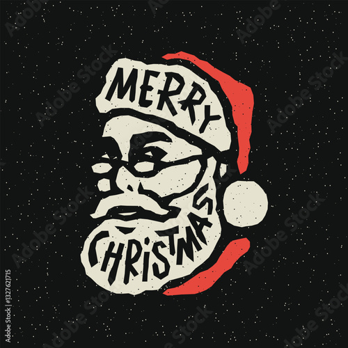 Santa Claus Head Cartoon Character  Merry Christmas Hand lettering. Vector illustration on grunge texture background.